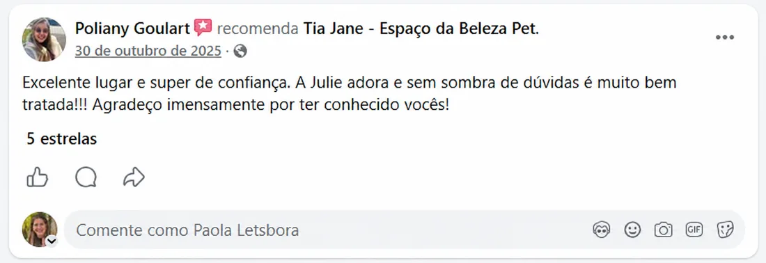 Poliany Goulart (out/2025) recomenda a Tia Jane no Facebook: “Excelente lugar e super de confiança. A Julie adora e, sem sombra de dúvidas, é muito bem tratada. Agradeço imensamente por ter conhecido vocês!”