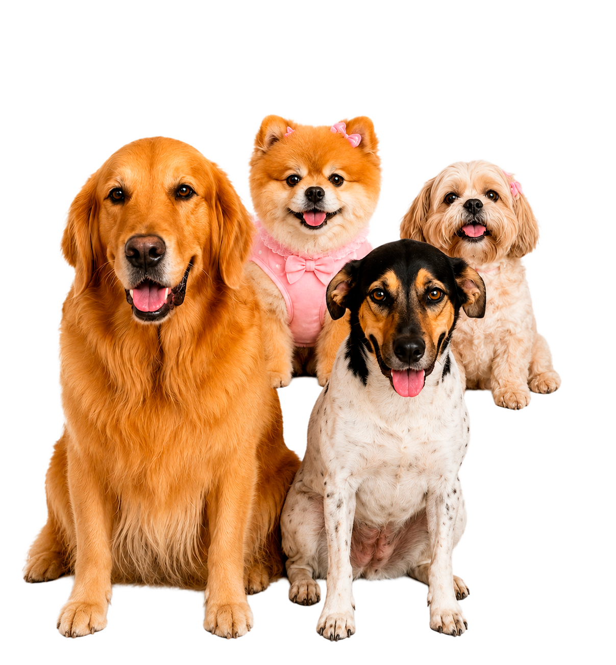 Pets atendidos na Tia Jane: golden retriever, lulu da pomerânia, shih tzu e vira-lata